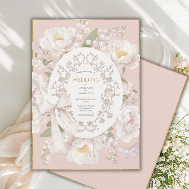 Pion Blommig Vintage Elegant Persika Bröllop Inbjudningar (Skapare uppladdad)