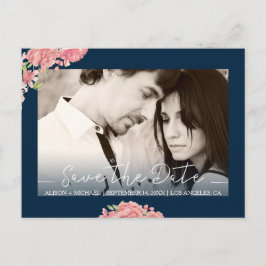 Pion blommor blå rosa bröllop spara datum meddelande vykort
