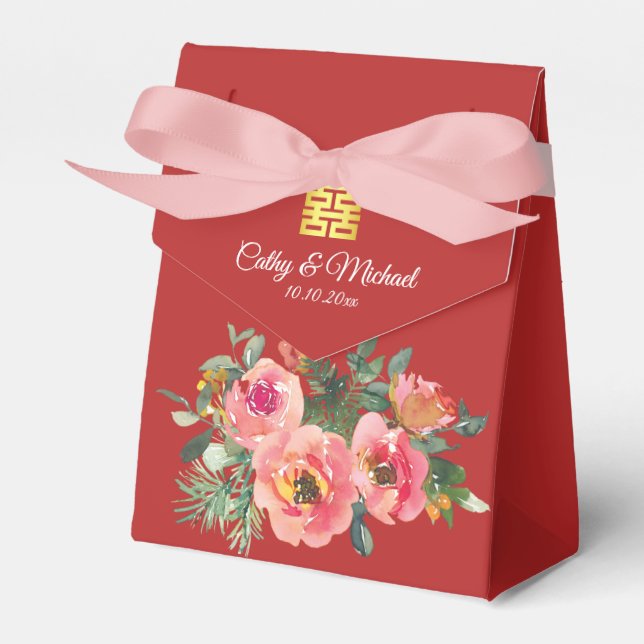 Pion floral dubbel lycka kinesisk bröllopsröd presentaskar (Framsidan Sidan)
