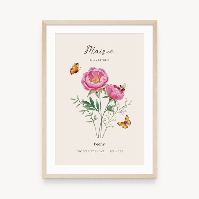 Pion Födelsemånad Blomma Affisch (Example of peony birth flower poster once framed. )