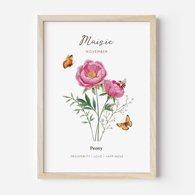 Pion Födelsemånad Blomma Affisch (Example of peony birth flower poster once framed. )