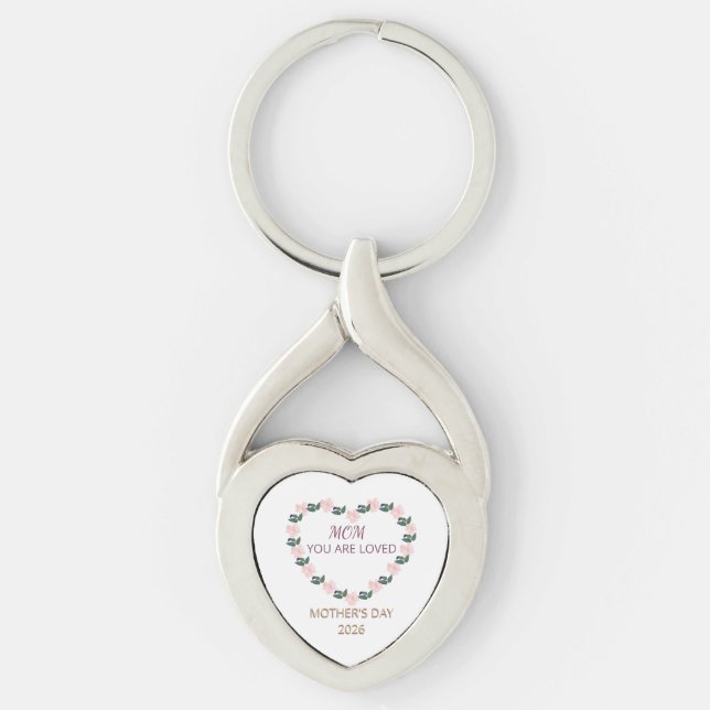 Pion Hjärt Emblem för Mamma Twisted Heart Silverfärgad Nyckelring (Framsidan)
