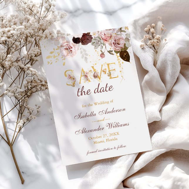 Pion och guld burgunder röd blomsterbröllop spara datumet (Skapare uppladdad)