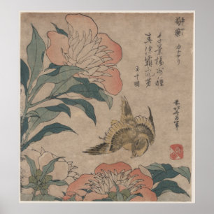 Pion och kanariefågel av Katsushika Hokusai Poster