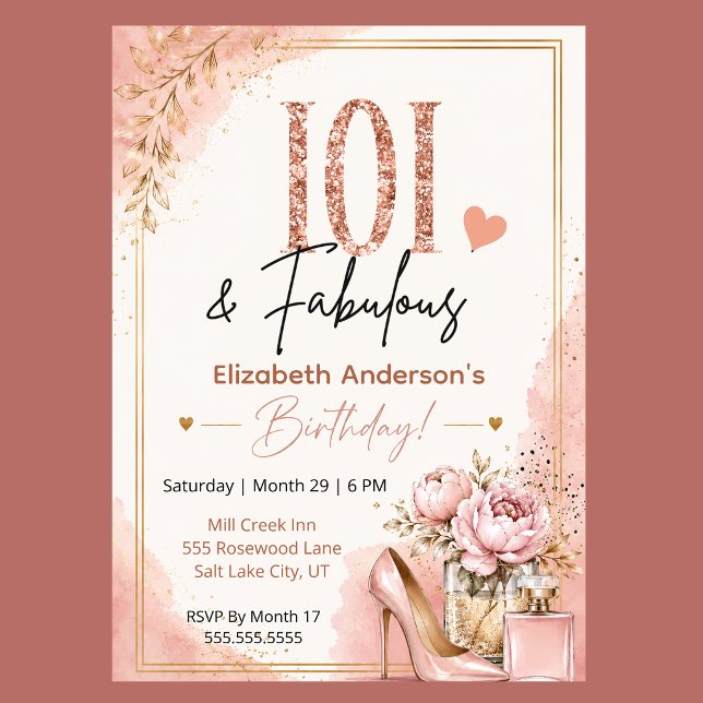Pion och parfym fantastisk 101-årsdag inbjudningar (Blush pink rose gold 101 and Fabulous floral birthday invitation with feminine glam style
)