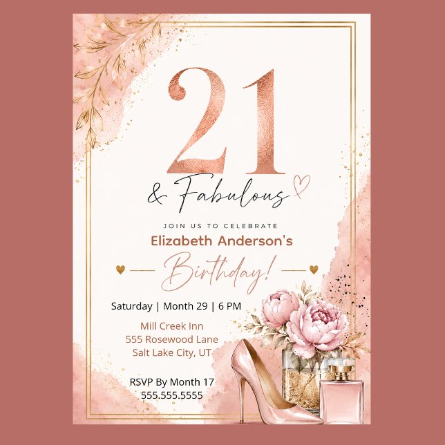 Pion och parfym fantastisk 21-årsdag inbjudningar (Elegant 21st birthday invitation with blush pink watercolor, rose gold glitter, and peony flowers,)