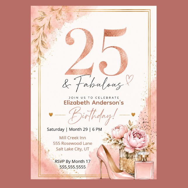 Pion och parfym fantastisk 25-årsdag inbjudningar (Elegant 25th birthday invitation with blush pink watercolor, rose gold glitter, and peony flowers,)