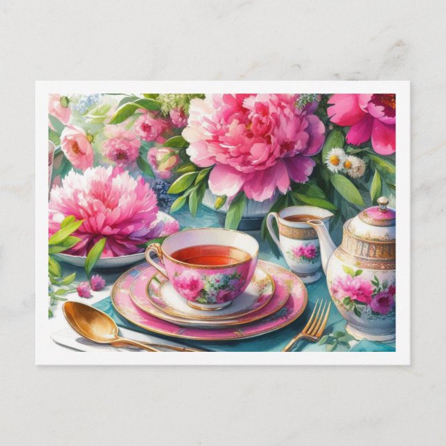 Pion och Rosa Tekopps Tea Party Blommor Vykort (Framsida)