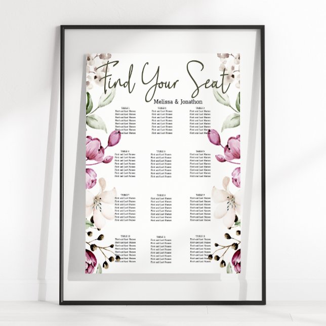 Pion Pink Burgunder Blommig Bröllopsplatskarta Poster (Skapare uppladdad)