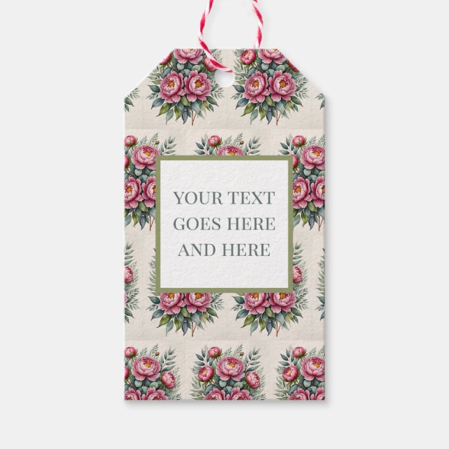 pion rosa akvarell blommor eukalyptus presentkort presentetikett (Framsidan)