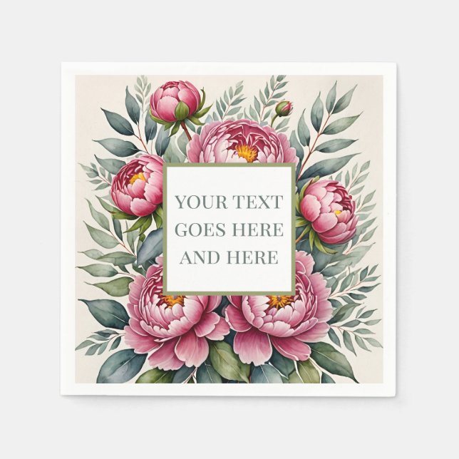 pion rosa akvarell blommor skapa egna pappersservett (Framsidan)