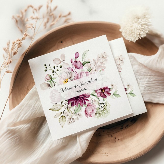 Pion Rosa Burgunder Blommig Romantisk Bröllop Pappersservett (Skapare uppladdad)