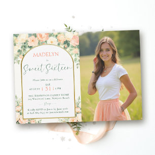 Pion Rosa Persika Elegant Båge Foto Sweet 16 I Inbjudningar