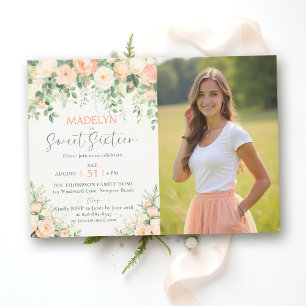 Pion Rosa Persika Elegant Skript Foto Sweet 16 I Inbjudningar