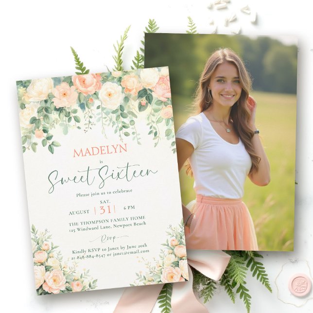 Pion Rosa Persika Skript Elegant Foto Sweet 16 Inbjudningar (sweet sixteen birthday invitation peony floral peach pink green script elegant classy photo)