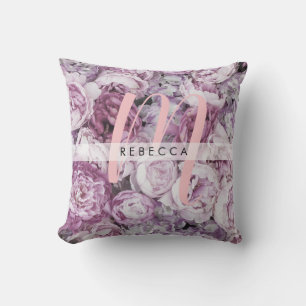 Pion Rosa Rosor Blommig Monogram Namn Kudde