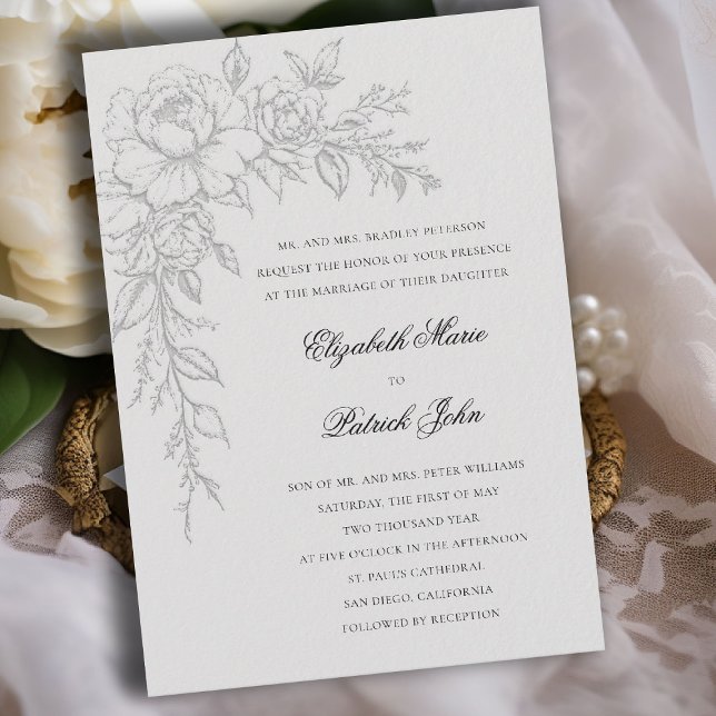 Pion Strålande Elfenben Elegant Formell Klassisk B Inbjudningar (peony wedding invitation formal traditional modern classic art sketch black white parents host ivory)