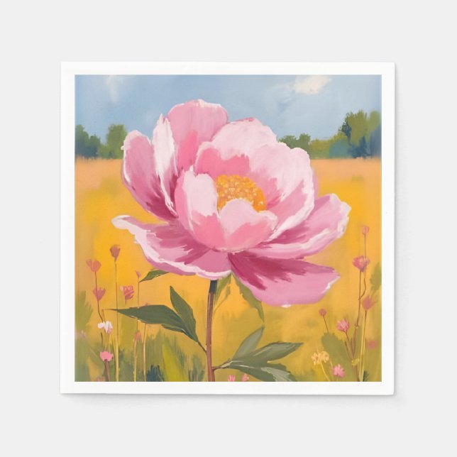 Pionblom | Rosa Blomsterfält Vattenfärg Pappersservett (Framsidan)