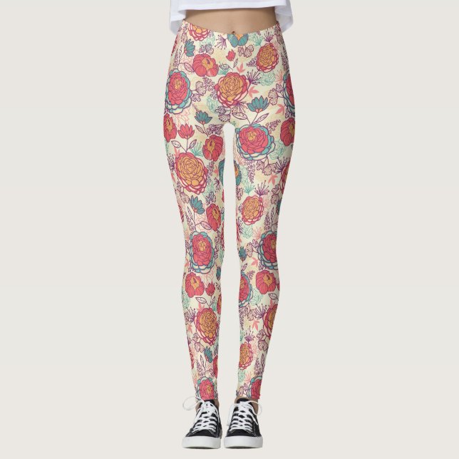 Pionblomma- och lövmönster leggings (Framsida)