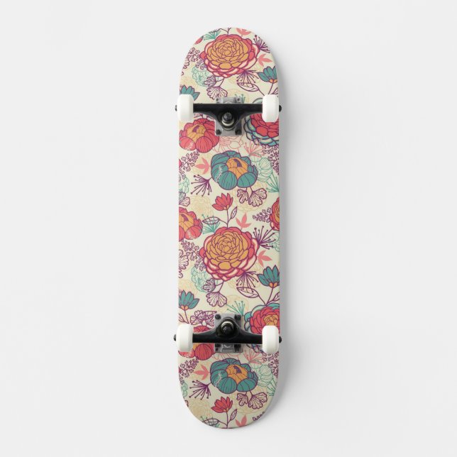 Pionblomma- och lövmönster skateboard bräda 19,5 cm (Framsida)