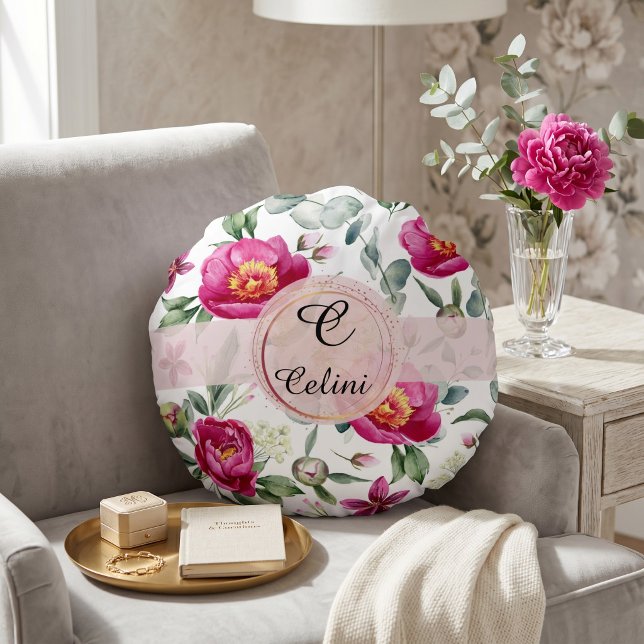 Pionblomma sömlöst mönster Kuddvar » blir till Rund Kudde (Peony flower seamless pattern Throw Pillow)