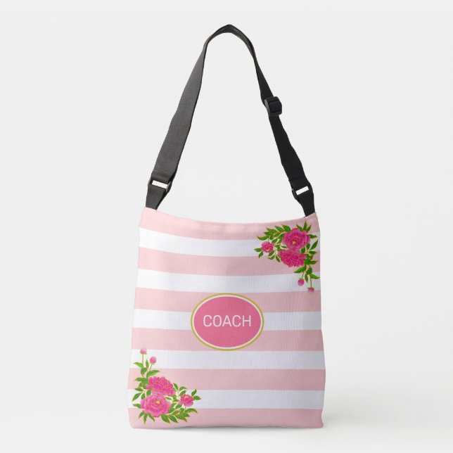 Pionblommor på rosa och vita randiga axelväska (Framsida)