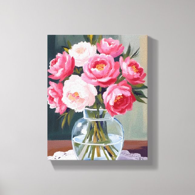 Pionbukett | Blomkruka Rosa Akvarell Blommig Canvastryck (Framsida)