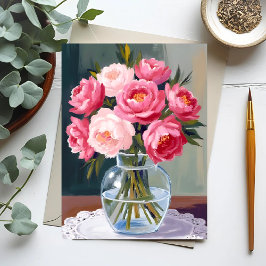Pionbukett | Blomkruka Rosa Akvarellblomma Vykort