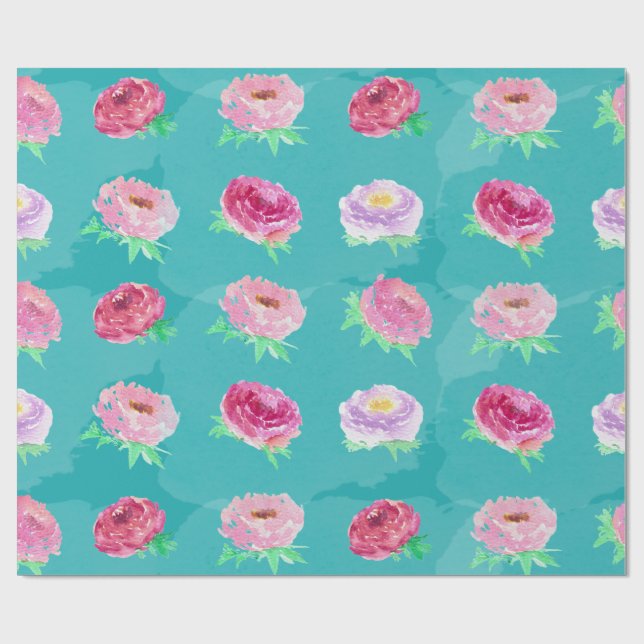 Pioner Blommönster Rosa Akvarell Teal Inpackning Presentpapper (Platt)