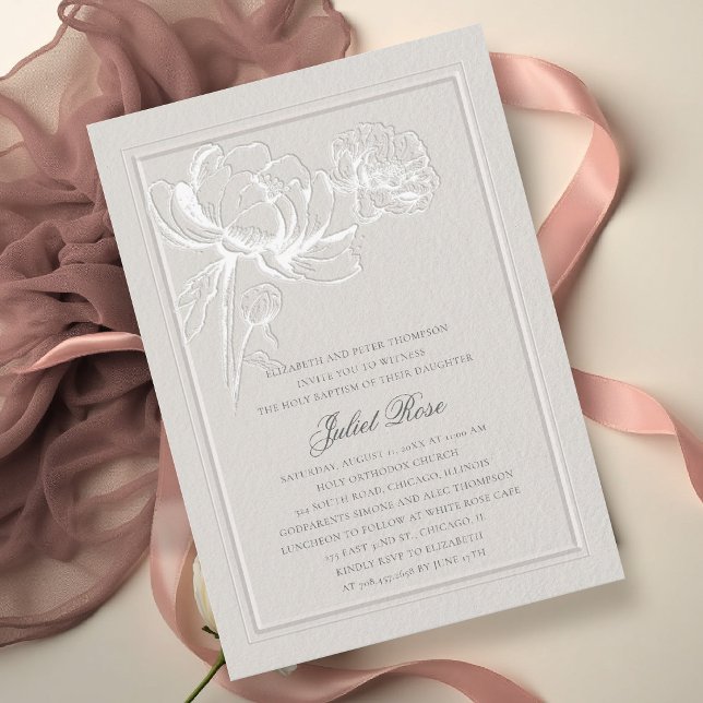 Pioner Elegant Ram Modern Ecru Blommig Dopning Inbjudningar (baptism invitation party card formal elegant double frame peony floral sketch ecru template)