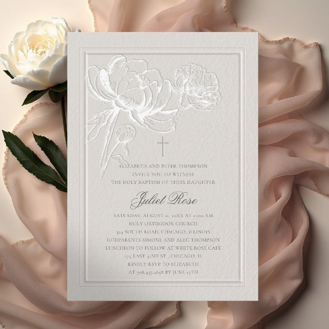 Pioner Elegant Ram Modern Ecru Dopning Inbjudningar (baptism invitation party card formal elegant double frame cross peony floral sketch ecru template)