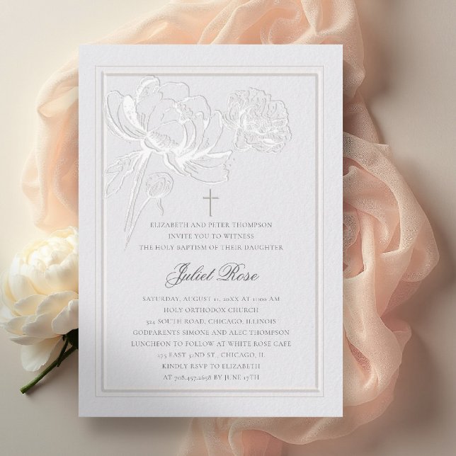 Pioner Elfenben Elegant Ram Modern Dopning Inbjudningar (baptism invitation party card formal elegant double frame cross peony floral sketch ivory white )