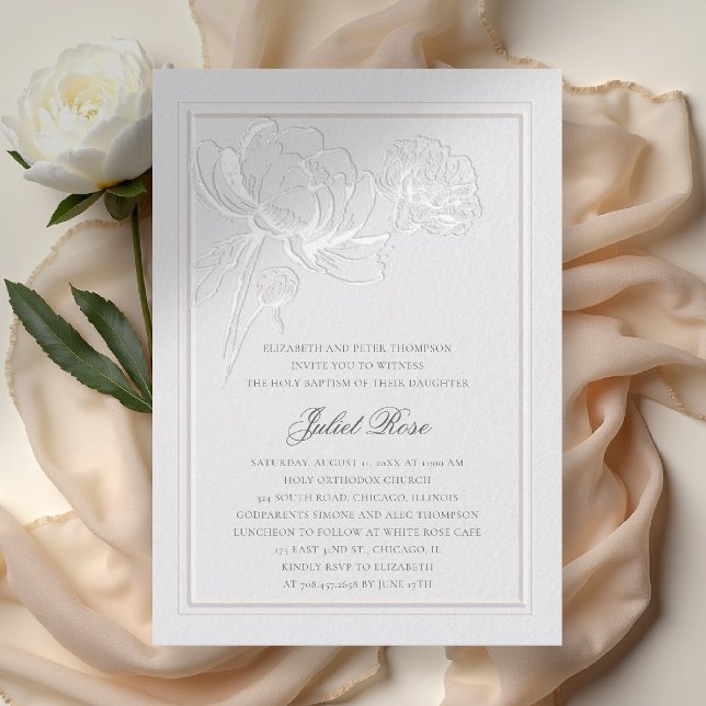 Pioner Elfenben Formell Elegant Ram Modern Dopning Inbjudningar (baptism invitation party formal elegant double frame peony floral sketch ivory white template)
