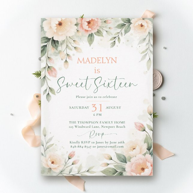 Pionér Peach Pink Elegant Skript Blommig Sweet 16 Inbjudningar (sweet sixteen birthday invitation peony floral peach pink green script elegant classy chic )