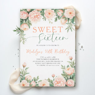 Pionér Peach Rosa Blommig Elegant Skrift Söt 16 Inbjudningar