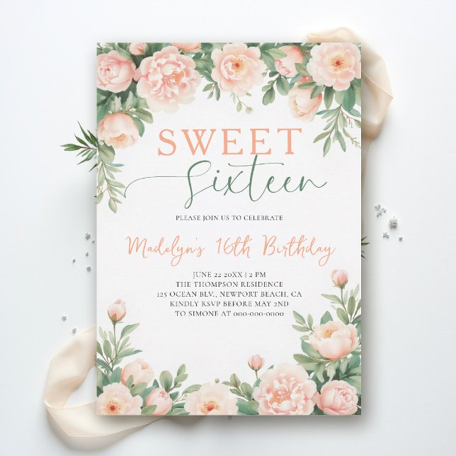 Pionér Peach Rosa Blommig Elegant Skrift Söt 16 Inbjudningar (sweet sixteen birthday invitation peony floral peach pink green script elegant classy watercolor)