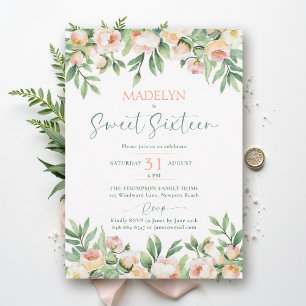 Pionér Rosa Persika Skrift Elegant Blommig Sweet 1 Inbjudningar