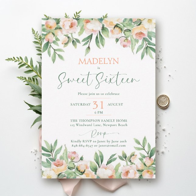 Pionér Rosa Persika Skrift Elegant Blommig Sweet 1 Inbjudningar (sweet sixteen birthday invitation peony floral peach pink green script elegant classy formal)