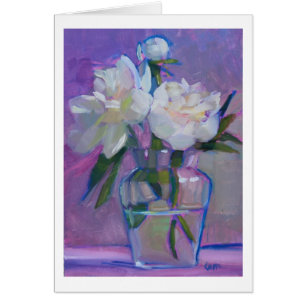 Pioner tre - vit blommar i en glass vas OBS kort