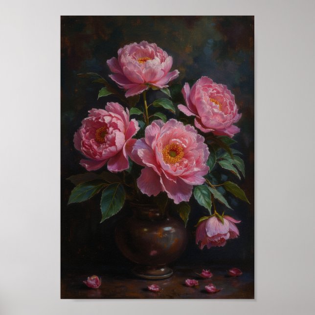 Pionfulla i Moody Rosa Vintage Blommig Väggkonst (Framsidan)