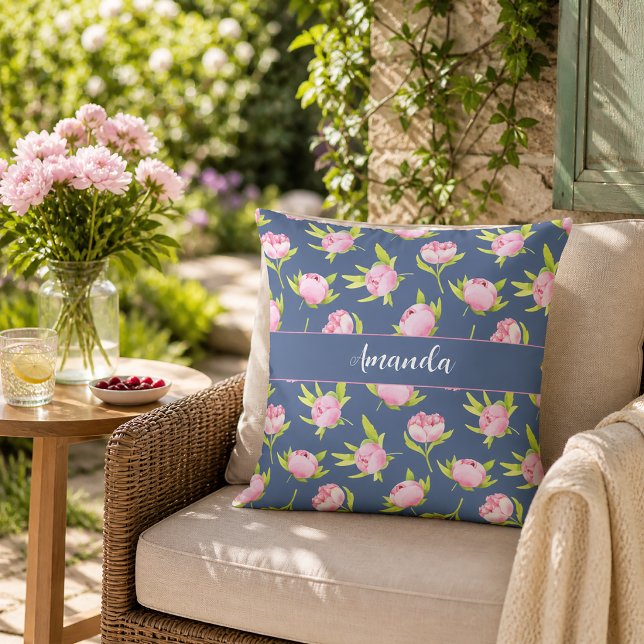 Pionmönster med anpassat namn kudde (Outdoor Pillow)
