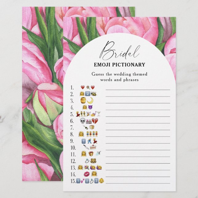 Pionrosor - bröllopsdusch emoji pictionary spel (Fram/baksida)