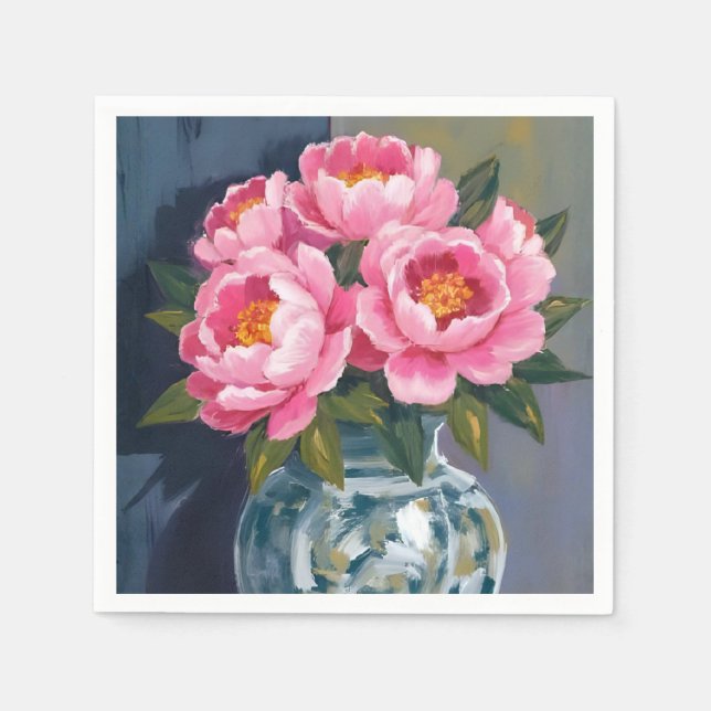 Pionvas | Rosa blommor Pion vattenfärg Pappersservett (Framsidan)