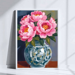 Pionvas Rosa blommor Pion vattenfärg Poster