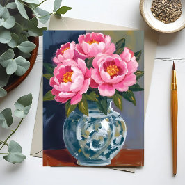Pionvas | Rosa blommor Pion vattenfärg Vykort