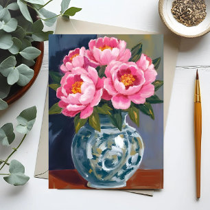 Pionvas Rosa blommor Pion vattenfärg Vykort