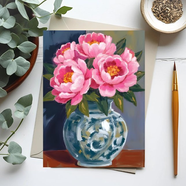 Pionvas | Rosa blommor Pion vattenfärg Vykort (Skapare uppladdad)