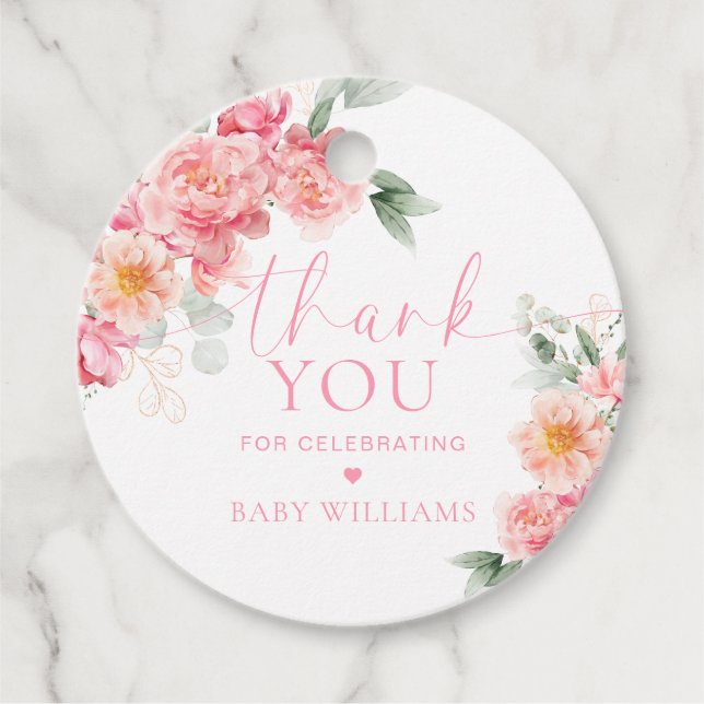 Piper Peony Blommigt Baby Shower-Tack-förmån Gåvor Etiketter (Framsida)