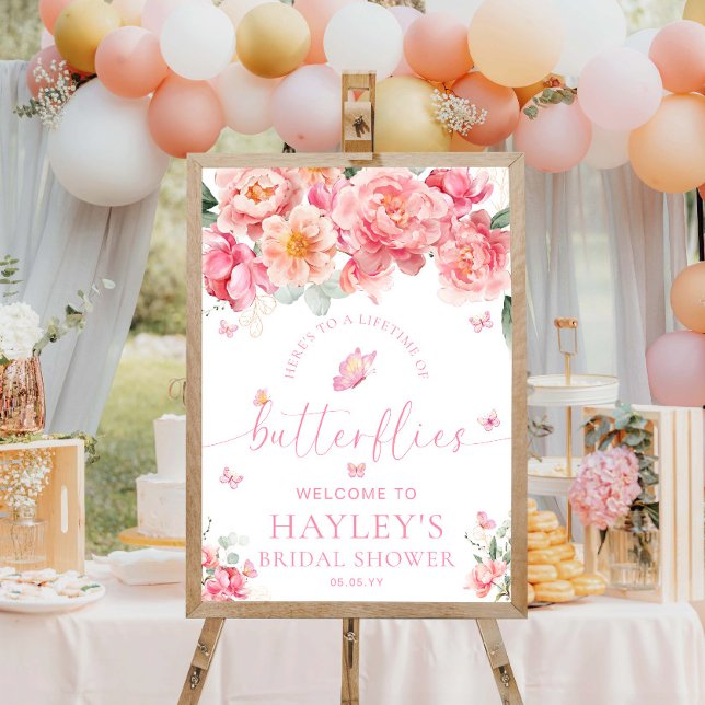 Piper Peony Butterflies Möhippa Välkommen Poster (Lifetime of Butterflies Bridal Shower Welcome Sign Piper Peony)
