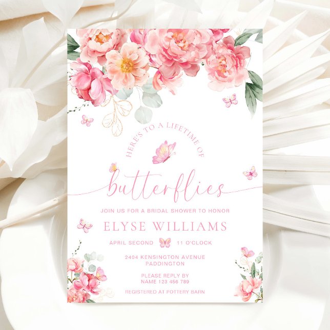 Piper Peony-livstid för Butterflies Möhippa Inbjudningar (Lifetime of Butterflies Bridal Shower Invitation Piper Peony)
